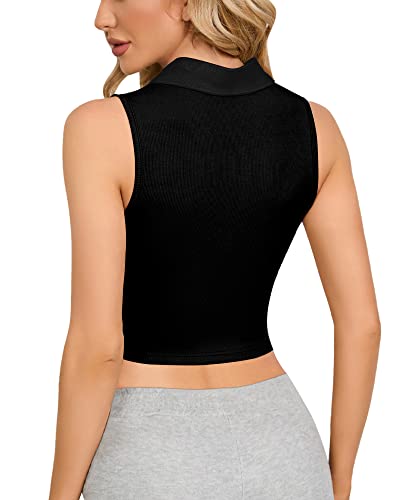 Clozoz Womens Tank Tops Polo Crop Top V Neck Ribbed Sleeveless Tops Collar Shirts Womens Crop Tops Polo Cropped Tank Trendy Black #TOP2