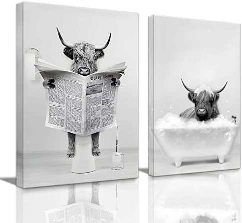 2 Pieces Framed Funny Highland Cow Wall Art Black and White Canvas Bathroom Wall Deco Poster Humor Animals Artwork Prints Rustic Farmhouse