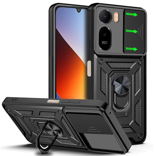 Image of AESTMO Tough Armor Redmi A7 Pro / C85X 5G Bumper Back Case Cover | Ring Holder & Sliding Camera Shield Cover | 360 Degree Protection Back Case Cover for Redmi A7 Pro / C85X 5G (Black)