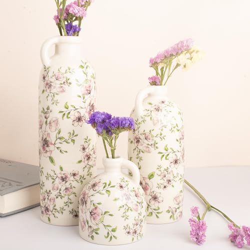 Set of 3 Vintage Floral Ceramic Bottle Vases with Handles - Rustic Crackle Glaze Finish - Decorative Flower Vases for Home Decor, Table Centerpieces, Shelf Display, Boho Farmhouse Decor (3, Ivory) by SANHECUN - Image 8