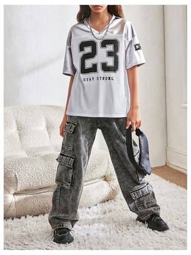 Image of Floerns Girl's Jersey Shirt Printed Oversized Short Sleeve Mesh Tee Shirts V Neck Sport Jersey Shirts