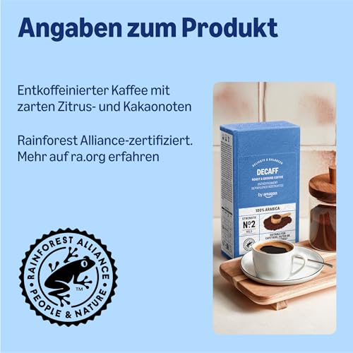 by Amazon Entkoffeiniert Gemahlener Röstkaffee, 1kg (4 Packs of 250 g), Rainforest Alliance-Zertifizierung