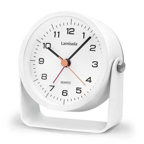 Image of Lamisola 3.5 Inch Small Desk Battery Clock, White Alarm Clock for Bedroom | Travel Clock for Bathroom Table Shelf Bedside, Cute Metal Vintage