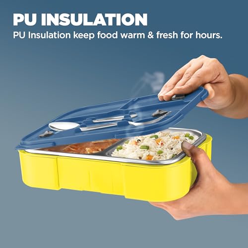 Image of MILTON Bravo 2 Inner Stainless Steel Tiffin Box for School, 2 Partition, Steam Release Plug | PU Insulated, Leak-Proof, Food Grade I Lunch Box for Kids Boys, Girls with Snap Lock Lid, 650 ml, Yellow