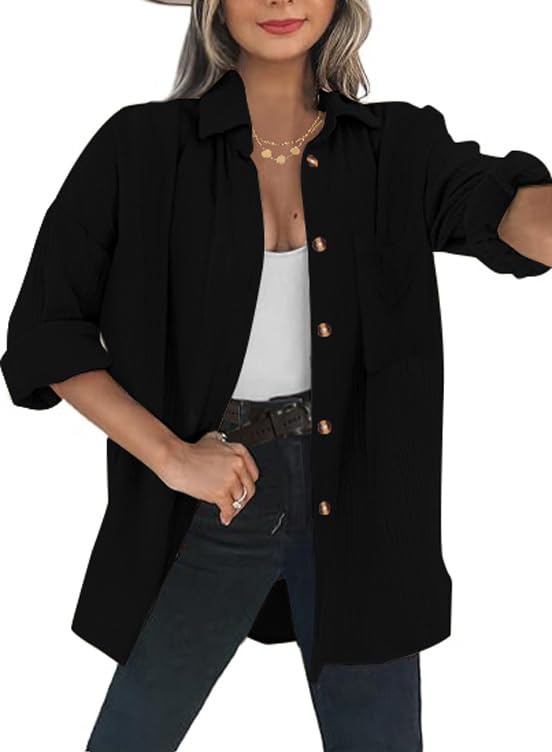 Womens Button Down Shirts Long Sleeve Cotton Gauze Tops Casual Collared Blouses Loose Fit with Pocket