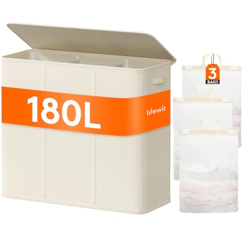 Lifewit 180L Wäschekorb 3 Fächer, Wäschesammler mit Deckel, Wäschekorb Wäschekörbe Groß 3 Abnehmbarem Wäschesack, Laundry Baskets mit Griffen, Waschenkorbe Wäschetonne Wäschesortierer, Weiß
