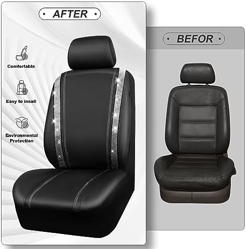 CAR PASS Leather Bling Diamond Car Seat Cover 2 Front Interior Sets, Waterproof Universal Shining Glitter Crystal Sparkle Fit for 95% Automotive Truck SUV Cute Women Girl, Black Silver Rhinestone - 4