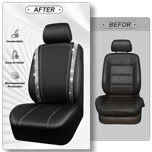 Image of CAR PASS Leather Bling Diamond Car Seat Cover 2 Front Interior Sets, Waterproof Universal Shining Glitter Crystal Sparkle Fit for 95% Automotive Truck SUV Cute Women Girl, Black Silver Rhinestone