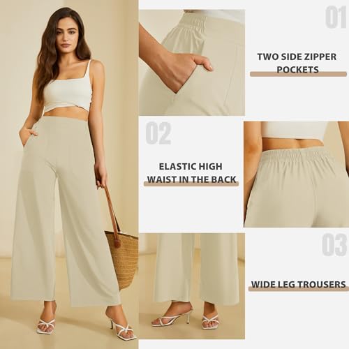 FireSwan Women's Wide Leg Work Pants High Elastic Waist Dress Palazzo Pants Trousers with Zipper Pockets (Khaki L)3