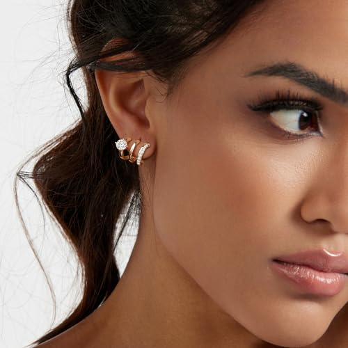 14K Gold Plated Hoop Earrings for Women Triple Huggie Illusion Stud Earring | Double Huggie Hoop Earrings for One Hole | Claw Ear Cuff Earring Jewelry Gift for Women3