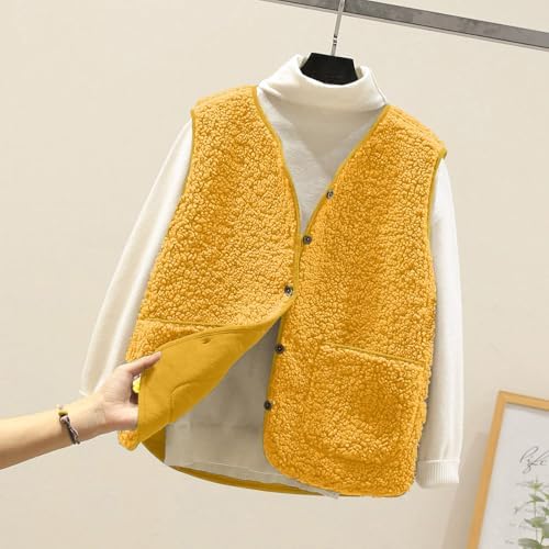 Generisch Teddy fleece vest voor dames, bontvest V-hals, mouwloos fleecejack kort teddyvest met zakken, overgangsjas herfst winter casual outdoor comfortabel, kaki-g, M