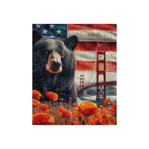 Cozy Crushed Velvet Blanket - USA Flag with Golden Gate Bridge, California Poppy, American Black Bear - 50x60in
