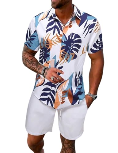 Image of Yimoon Men's Summer 2 Piece Outfits Tropical Print Short Sleeve Button Down Hawaiian Beach Shirt and Shorts Set