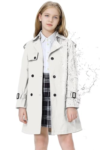 Image of Betusline Girls Trench Coat Double Breasted Classic Lapel Belted Windproof Overcoat Outwear,2# White,6-7 Years = Tag 130
