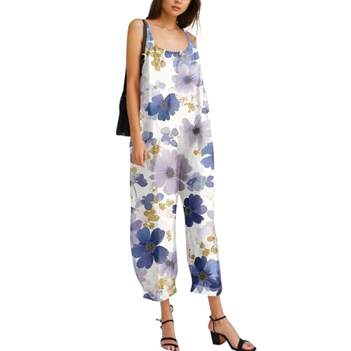 Boho Floral Cotton Linen Women's Jumpsuit Wide Leg Overalls