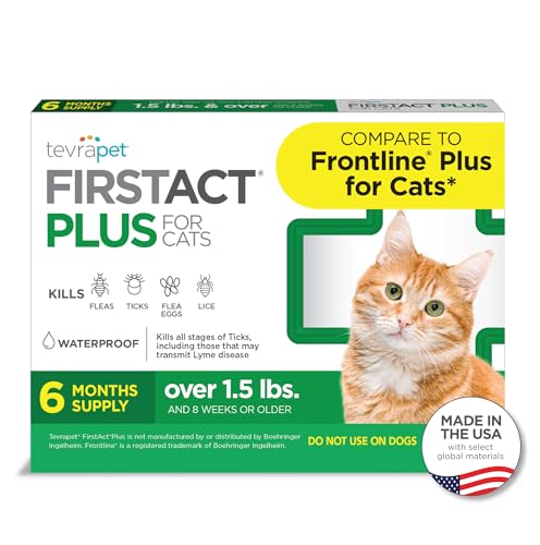 TevraPet FirstAct Plus Flea and Tick Prevention for Cats Over 1.5lbs, 6 Monthly Doses, Topical Drops