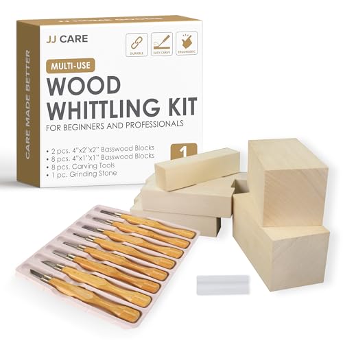 JJ CARE Wood Carving Kit [8 SK7 Carving Knives with Beechwood Handle, 10 Basswood Carving Blocks, and 1 Grinding Stone] - Beginner Wood Carving Kit, Wood Carving Tools Set, Wood Carving Set for Kids