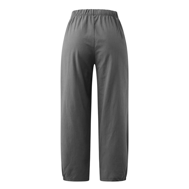 Women's Capri Pants with Pockets Drawstring High Waist Pants Flax Ankle Trousers Wide Leg Cropped Pants for Women3