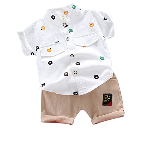 Roupas de algodão e linho para meninos de manga curta, estampa de urso, camisas de cavalheiro + conj