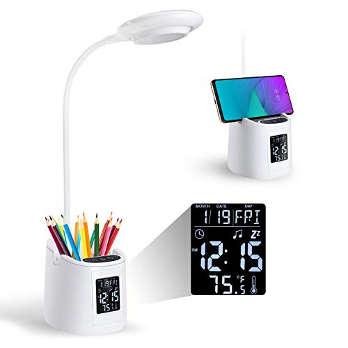 LED Desk Lamp with Pencil Holder, Kids Desk Lamp with Clock, 3 Brightness Boys Lamp with Organizer Dimmable Table Lamp for Teens, Rechargeable Study Lamp for Home and Office