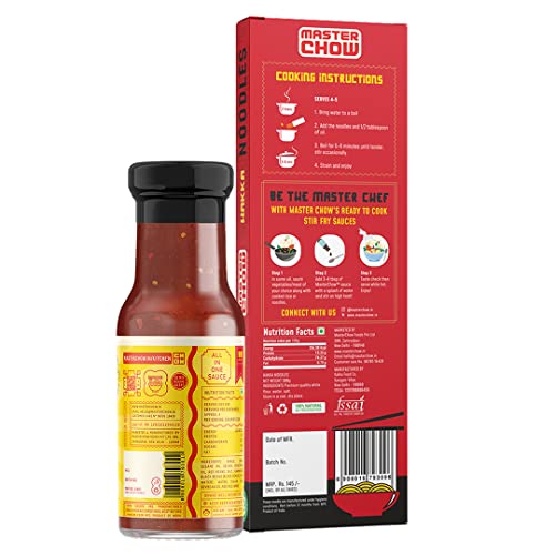 Image of MasterChow Chilli Garlic Noodle Pack - Hakka Noodles (300G) + Chilli & Garlic Bang Bang (220G) Cooking Sauce | No Artificial Color | Street Style Chowmein | Serves 4-5 Meals, No Artificial Colours