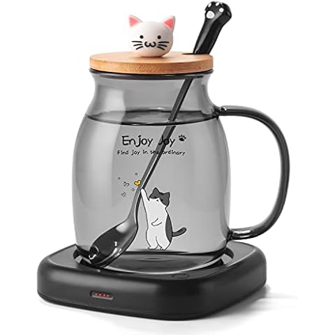Bsigo Smart Coffee Mug Warmer & Cute Cat Glass Mug Set, Beverage Warmer for Desk Office, Cup Warmer Plate for Milk Tea Water with Two Temperature Setting(Up to 140℉/ 60℃), 8 Hour Auto Shut Off, Grey Cover