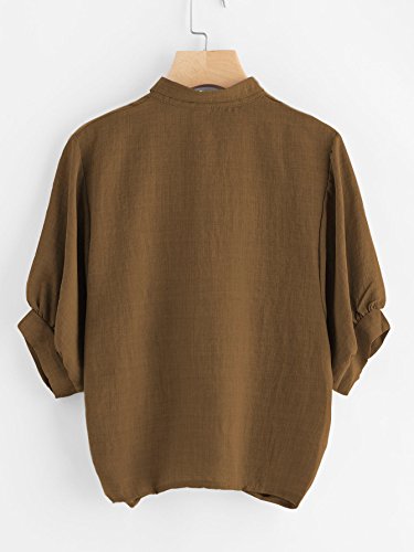 Milumia Women's Collar Lantern Short Sleeve Pleated Hem Button Down Work Blouse Shirt Top2