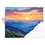 Captivating Scenic Masterpiece: Features the iconic layered ridges of the Blue Ridge Mountains bathed in a warm sunset glow, with gradient skies of orange, pink, and purple blending into misty blue peaks. Paint by Numbers Kit: 1 pre-printed canvas (u...