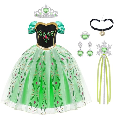 URAQT Mädchen Kostüm Kleid, Kinder Prinzessin Kostüm für Karneval Party Cosplay Verkleidung Halloween Fest Geburtstag, mit Zubehör Krone Zauberstab, 130CM