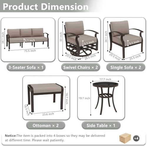 Image of Patio Furniture Set 9-Seat Aluminum Armrest Sofa, Modern Outdoor Living Room Set with 2 Swivel Chairs, 5.1 inch Cushions, High Backrest & 2 Footstools, Backyard, Poolside - Sand