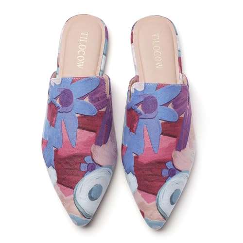 Image of Tilocow Women's Pointed Toe Flat Mules Backless Slip On Loafers