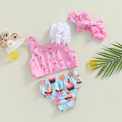 Geagodelia Badeanzug für Mädchen, 3-teilig, Donut-Druck, Badeanzug, Höschen und Oberteil mit Stirnband, Rosa, 18-24 Monate