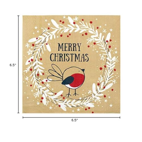 Christmas Napkins Paper Cute, Festive Wreath & Bird Print/Brown Recycled Napkins Decorative Disposable Holiday Dinner, Lunch/Luncheon, Buffet Brunch Rustic Xmas Party Decor – Image 6
