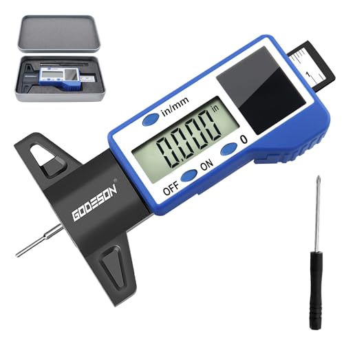 Image of GODESON Digital Tire Tread Depth Gauge - Solar & Battery Hybrid, Inch /MM Modes, 1 inch /25.4mm Range, Blue Accurate Tread Depth Gauge Tool for Cars, Trucks & Motorcycles Tire Wear Check