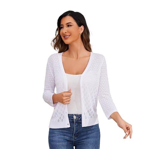 Women's Lightweight Crochet Cardigan 3/4 Sleeve Cropped V Neck Button Shrug Knit Sweater Tops3