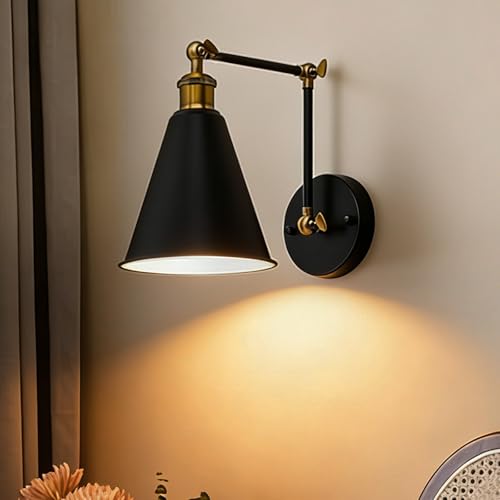 Lifora Hay Swing Arm Wall Sconce Black Gold, 7" Farmhouse Wall Light with Metal Cone Shade, Adjustable Dual-Joint Arm, Industrial Wall Lamp with Antique Brass Accents for Bedroom Reading Living Room