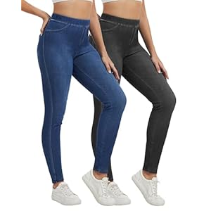 2 Pack High Waisted Jegging for Women Stretchy Tummy Control Skinny Jeans Pull on Leggings with Pockets Trendy
