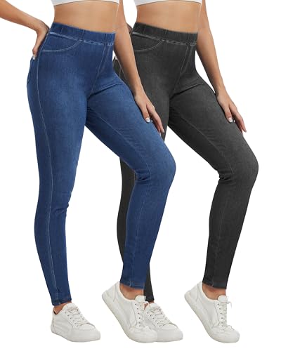 NebuKinex 2 Pack High Waisted Jegging for Women Stretchy Tummy Control Skinny Jeans Pull on Leggings with Pockets Trendy Black/Blue L