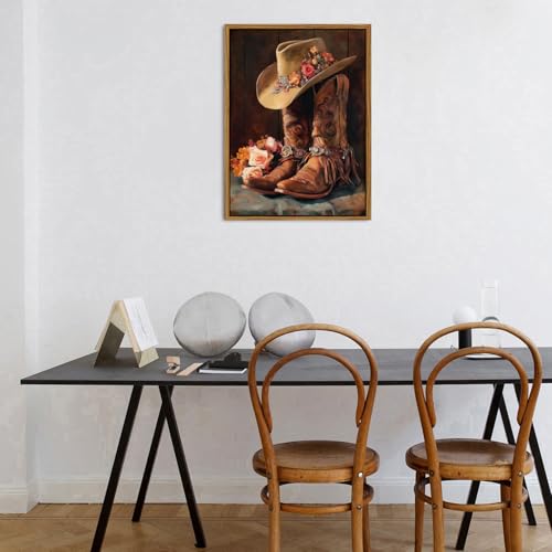 Image of Western Cowgirl Boots Wall Art Rustic Cowboy Hat and Leather Boots Floral Framed Painting Country Farmhouse Western Decor for Living Room Bedroom Aesthetic Canvas Artwork Home Decorations 16x24