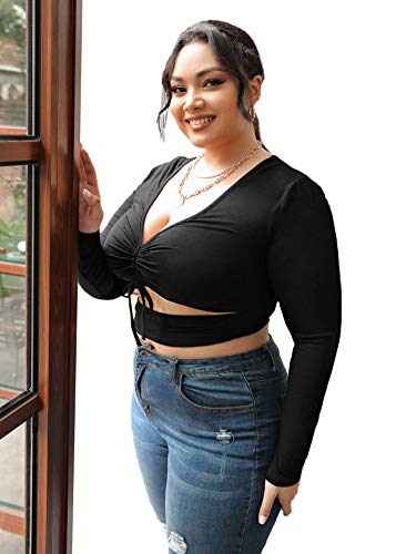 Romwe Women's Plus Size Knot Front Cutout Ruched V Neck Long Sleeve Crop Tops Blouse Black 4Xl #TOP2