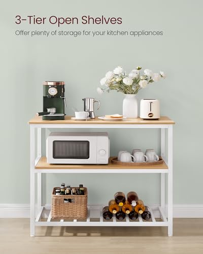 Image of VASAGLE Kitchen Island with 3 Shelves, 39.4 Inches Width Kitchen Shelf with Large Worktop, Stable Steel Structure, Industrial, Easy to Assemble, Oak Color and White UKKI005W09