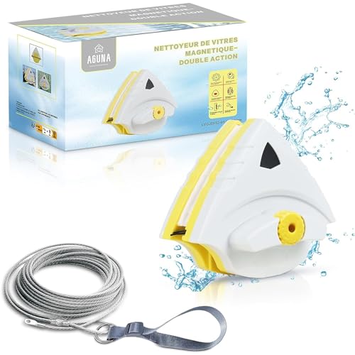 AGUNA Lave Vitres et Nettoyeur Magnétique, Double Vitrage (5 à 32 mm), Force Réglable 5 niveaux, Cordon Sécurité Anti-chute | laveur de vitre simple | Idéal Baie, Porte, Fenêtre. (Lave Vitre)