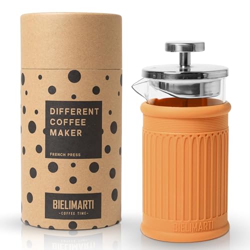 BIELIMARTI Cafetera de Prensa Francesa, 350 ml, Vidrio Borosilicato, Funda de Silicona Térmica,french press,cafetera de embolo (naranja)