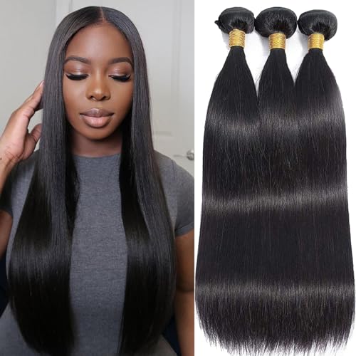 Straight Bundles Human Hair 26 28 30 Inch 3 Bundles Human Hair Straight Human Hair Bundles 100% Unprocessed Brazilian Virgin Human Hair Extensions Natural Black