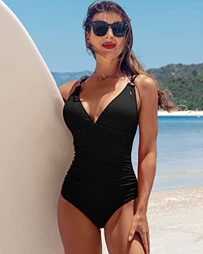 Charmo Tummy Control Swimsuit V Neck One Piece For Women Ruched Ribbed Swimwear Crisscross Back Bathing Suits Black Xl #TOP6