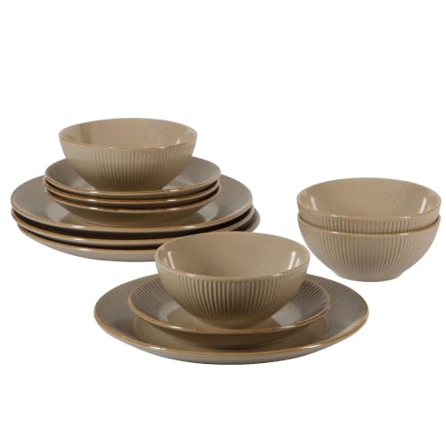 Image of Gibson Home Plates and Bowls Set, 12 Piece Dinnerware Set for 4, Beige