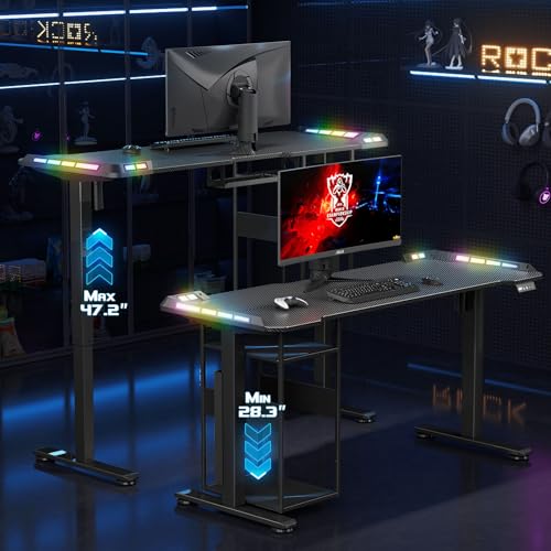 Gaming Standing Desk with LED Lights & Host Shelf, 55\" x 24\" Gaming Table with Music Sensing APP Control, Underdesk Cable Storage Electric Standing Desk, Black Carbon Fiber PC Table for Home Office - Thumbnail 6