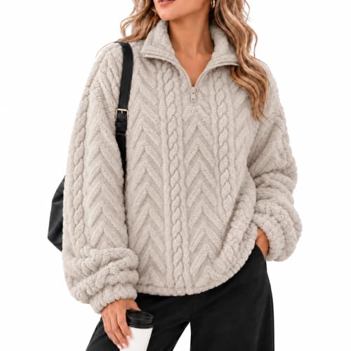 Runmeihe Women’s Fleece Quarter Zip Pullover Sweatshirt, Apricot, M