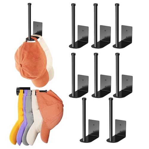 Durmmur 8 Pack Hat Racks for Baseball Caps, Stainless Steel Hat Organizer for Baseball Cap, Hat Holder Storage Organizer, Hat Hanger Strong Adhesive/Wall Drilled for Door, Bedroom, Closet(Black 6 in)