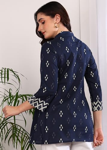 Image of Yash Gallery Women Cotton Regular Fit Geometric Print Hip Length 3 /4th Sleeve Collared Neck Short Kurti